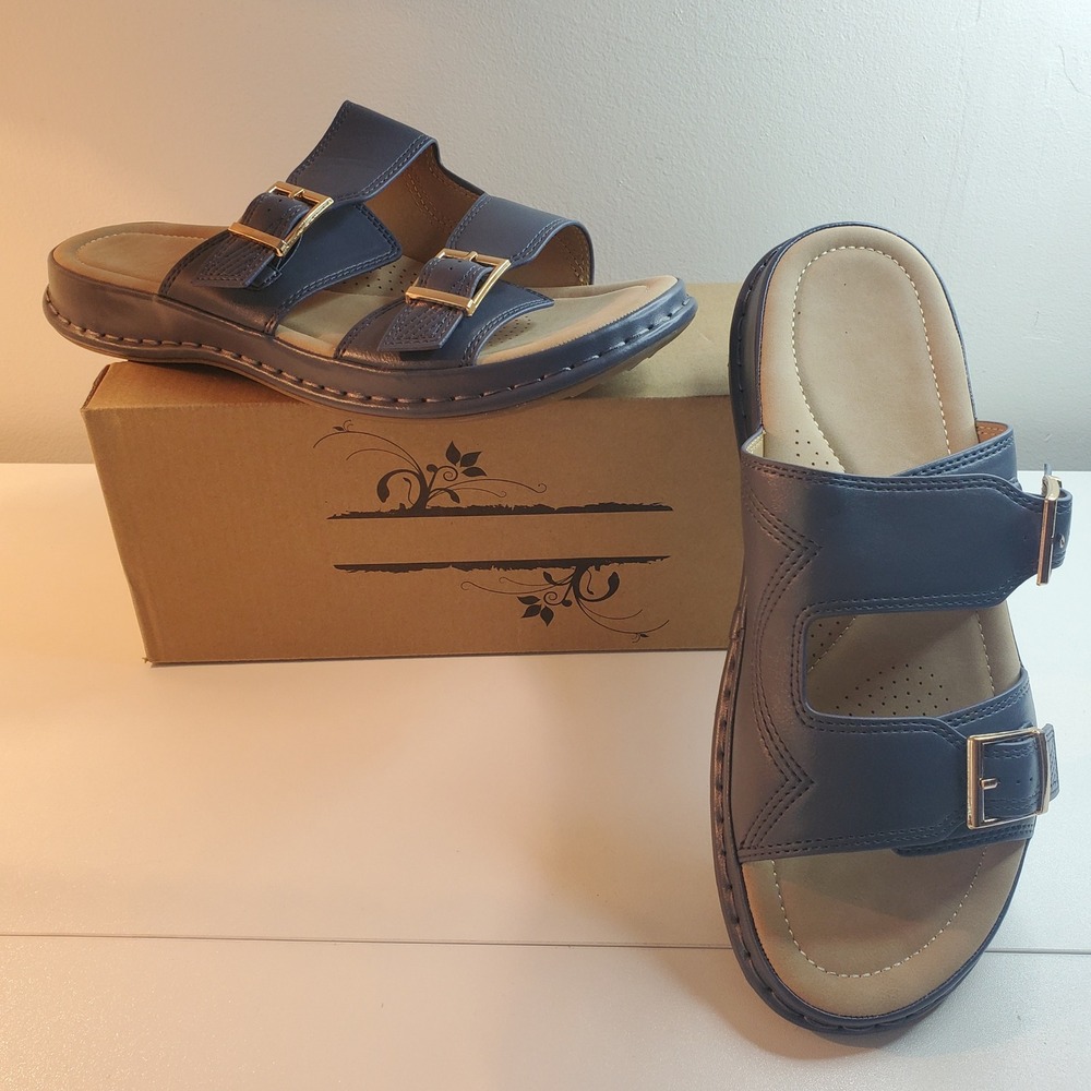 Navy Blue Double Buckle Comfort Slide Sandals Women Size 41 NWT